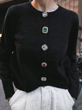Black Knit Cardigan with Gem Buttons
